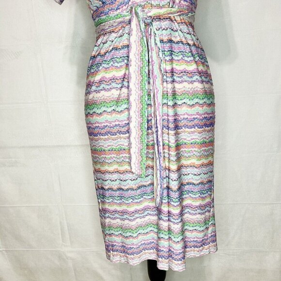BCBG MaxAzria Multicolor Belted Tie-Back Dress V-Neck Surplice Stretch Sz S - Picture 3 of 8